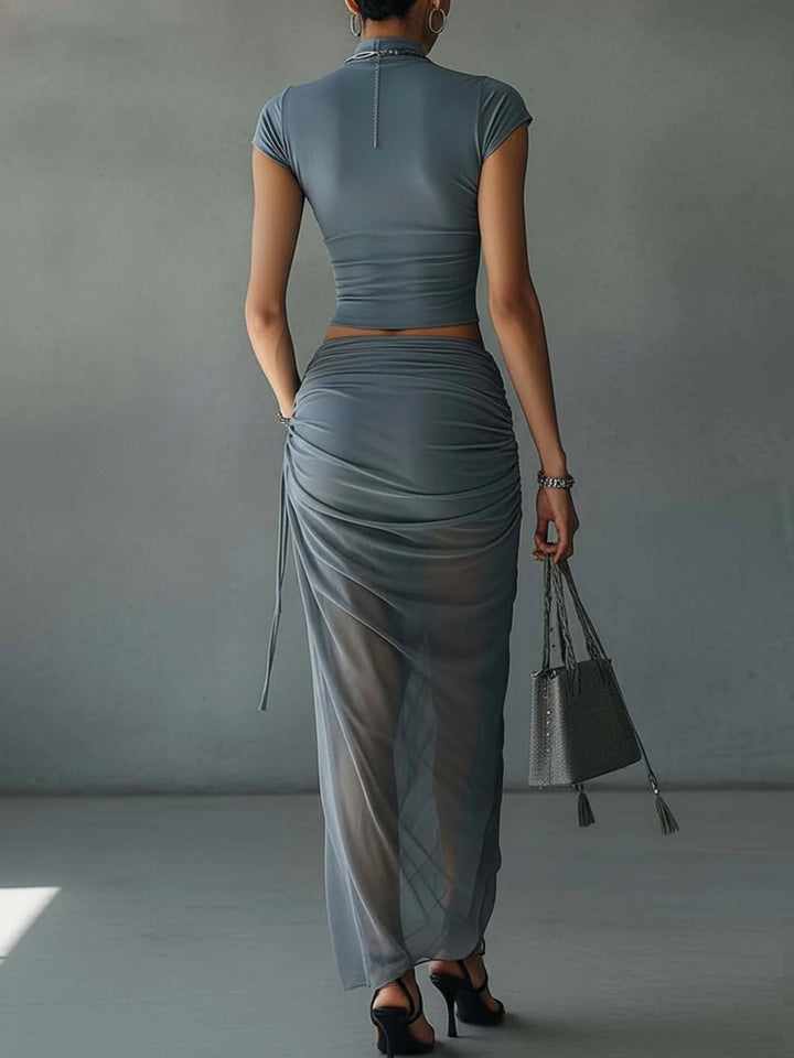 Blue Cropped T-Shirt and Sheer Mesh Draped Skirt Set