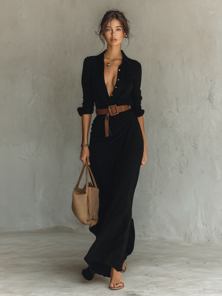 Long Maxi Dress with Notch Collar and Long Sleeves for Women