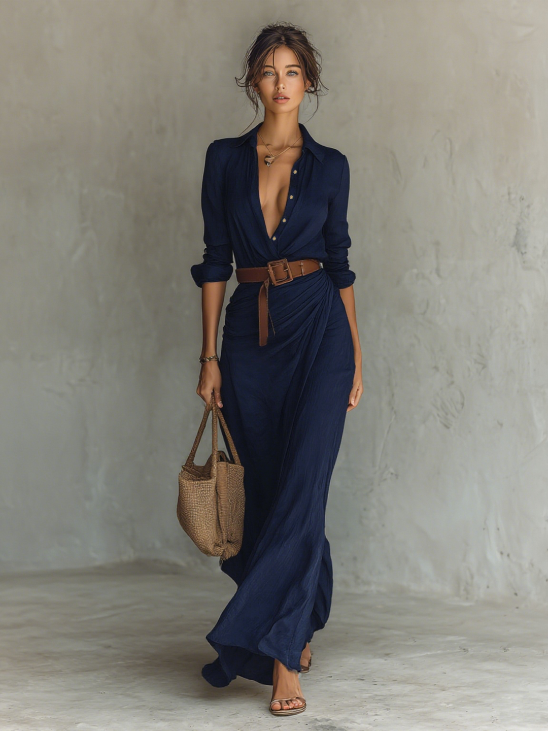 Long Maxi Dress with Notch Collar and Long Sleeves for Women