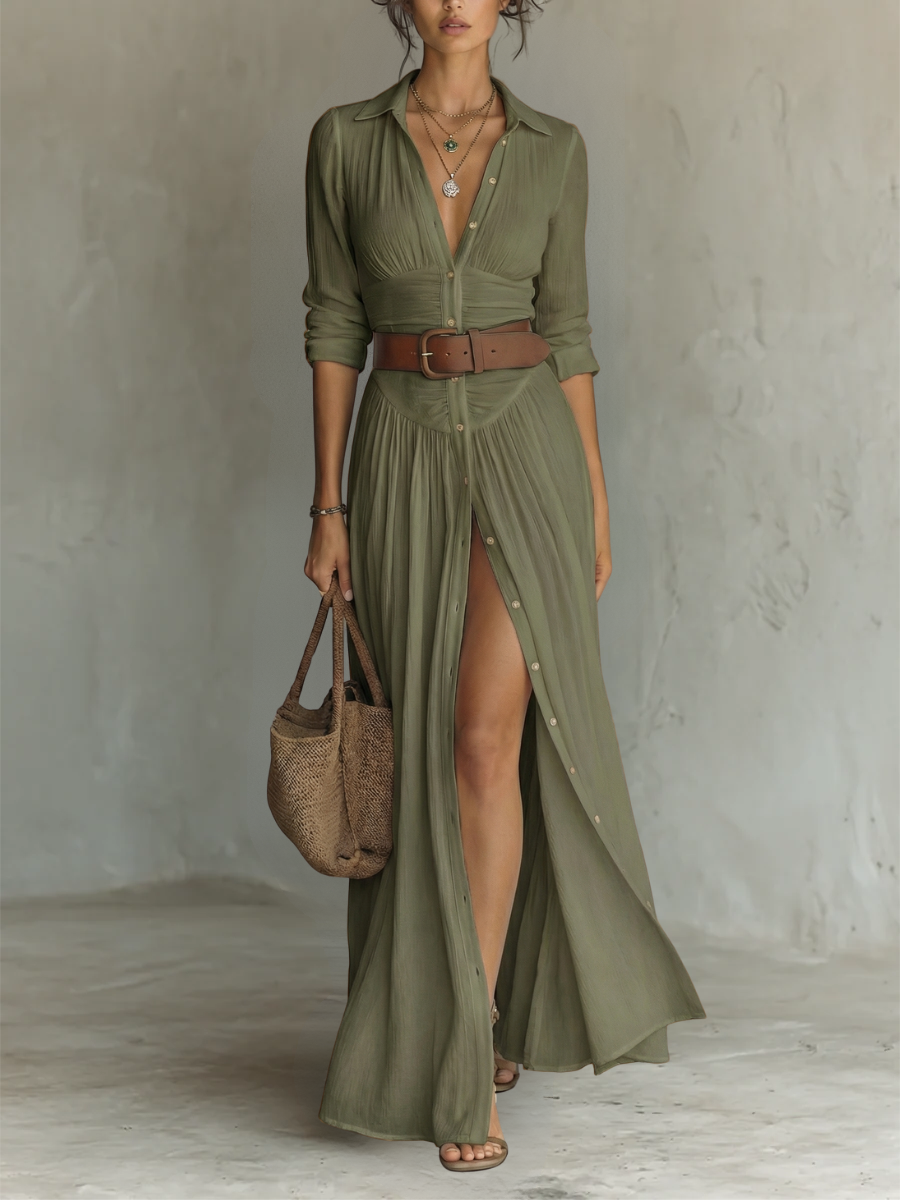 Long Maxi Dress with Notched Collar and Long Sleeves for Women • S1