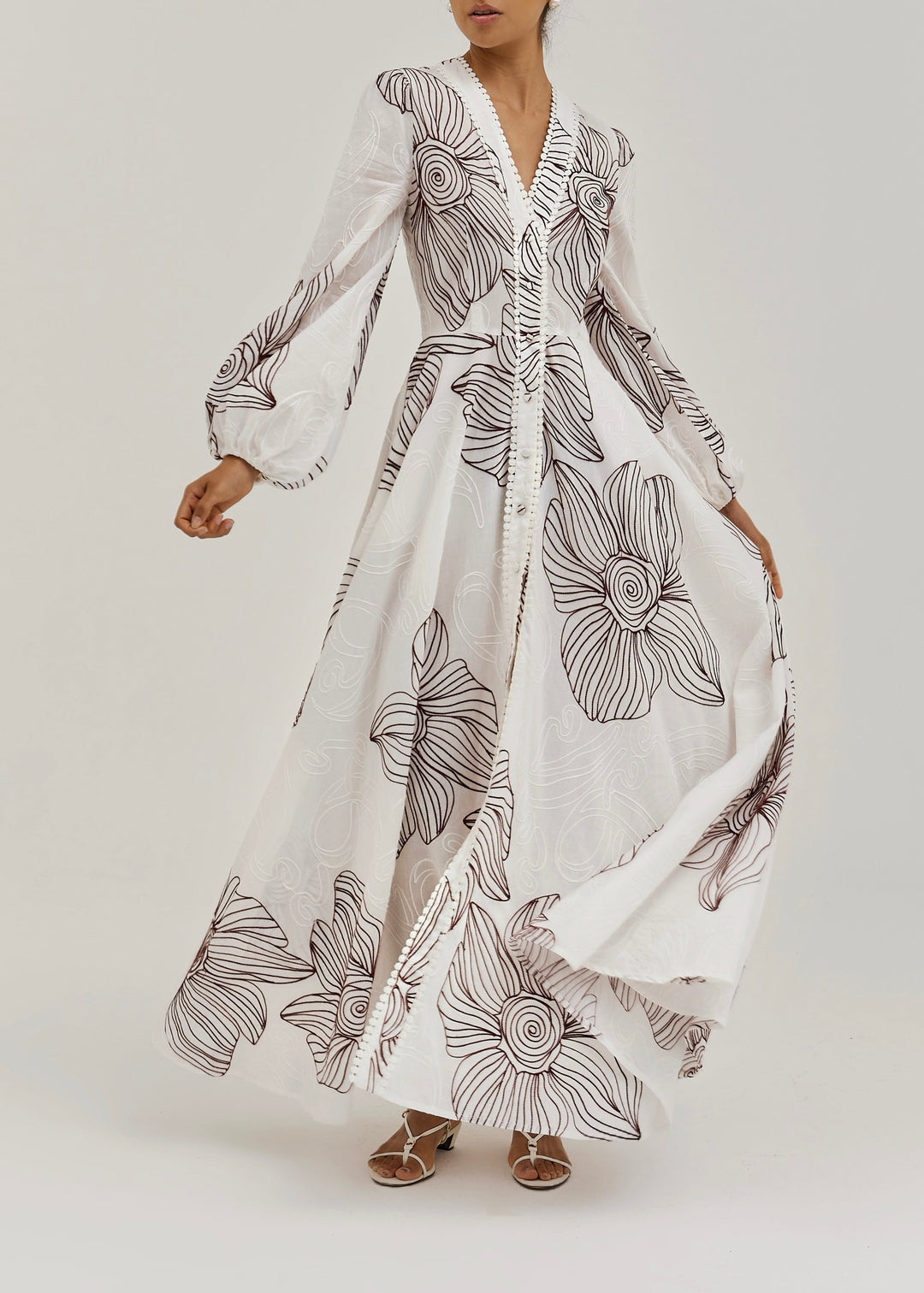 Rosa - Puff Sleeve Embroidered Dress | White/Merlot