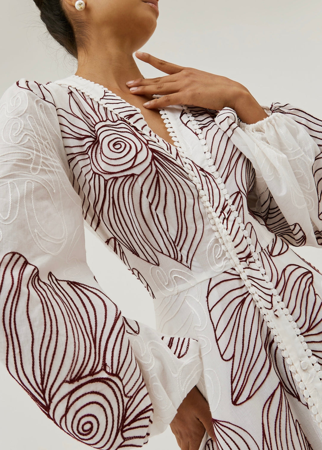 Rosa - Puff Sleeve Embroidered Dress | White/Merlot