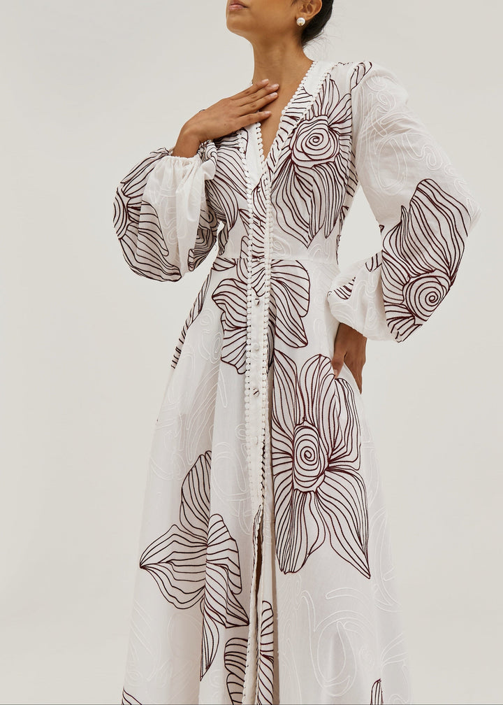 Rosa - Puff Sleeve Embroidered Dress | White/Merlot