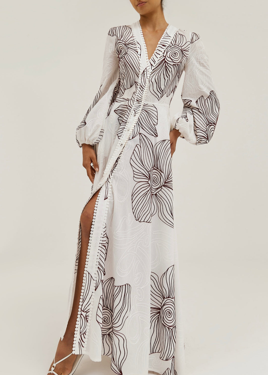 Rosa - Puff Sleeve Embroidered Dress | White/Merlot