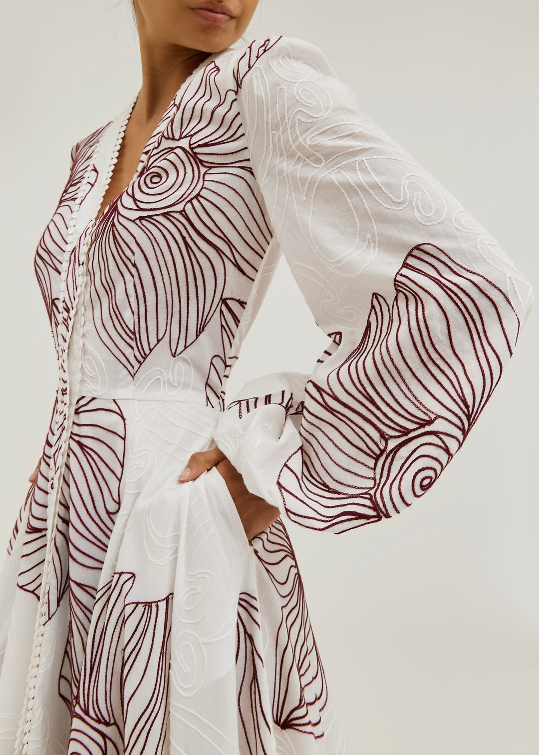 Rosa - Puff Sleeve Embroidered Dress | White/Merlot