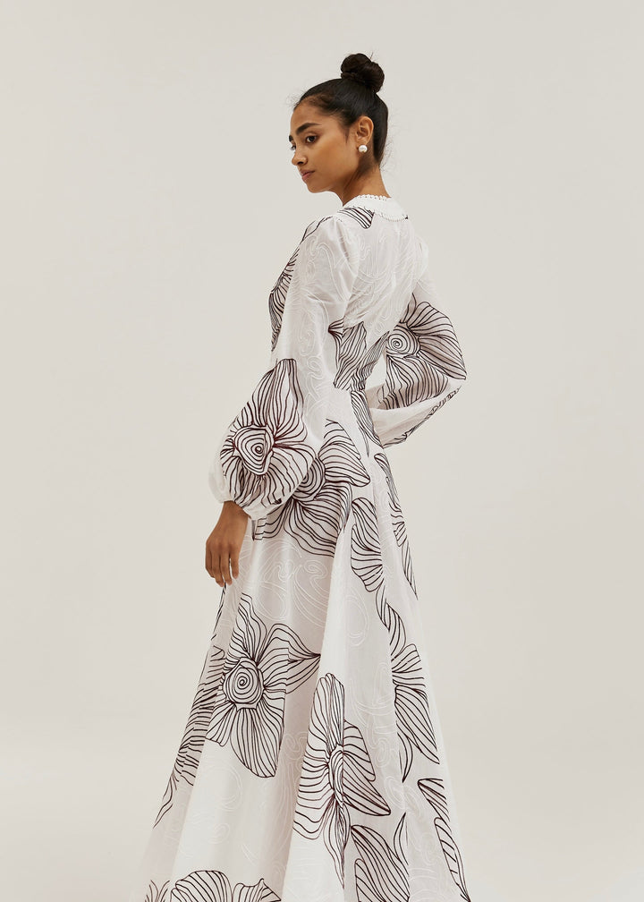 Rosa - Puff Sleeve Embroidered Dress | White/Merlot