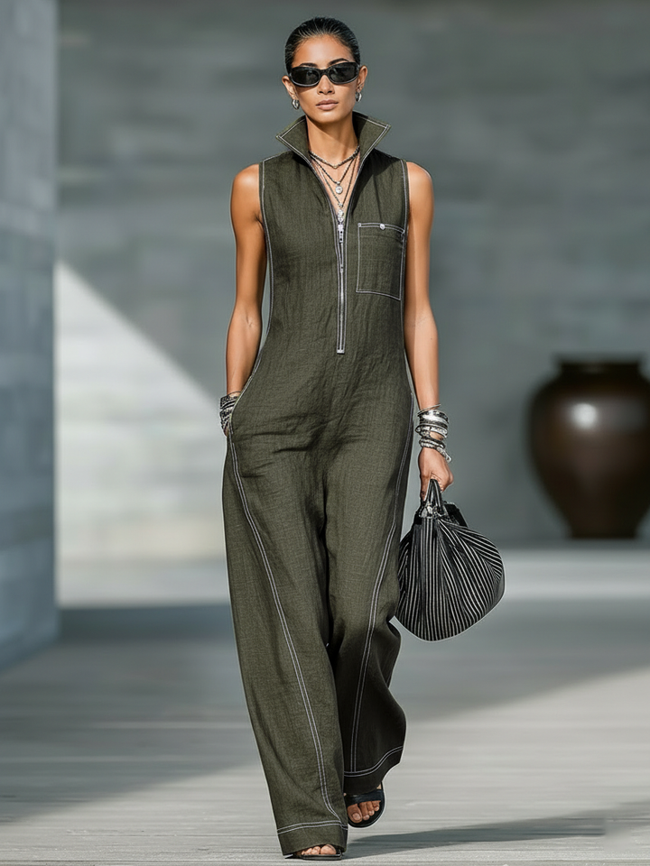 Sleeveless Minimalist Jumpsuit for Women with White Details