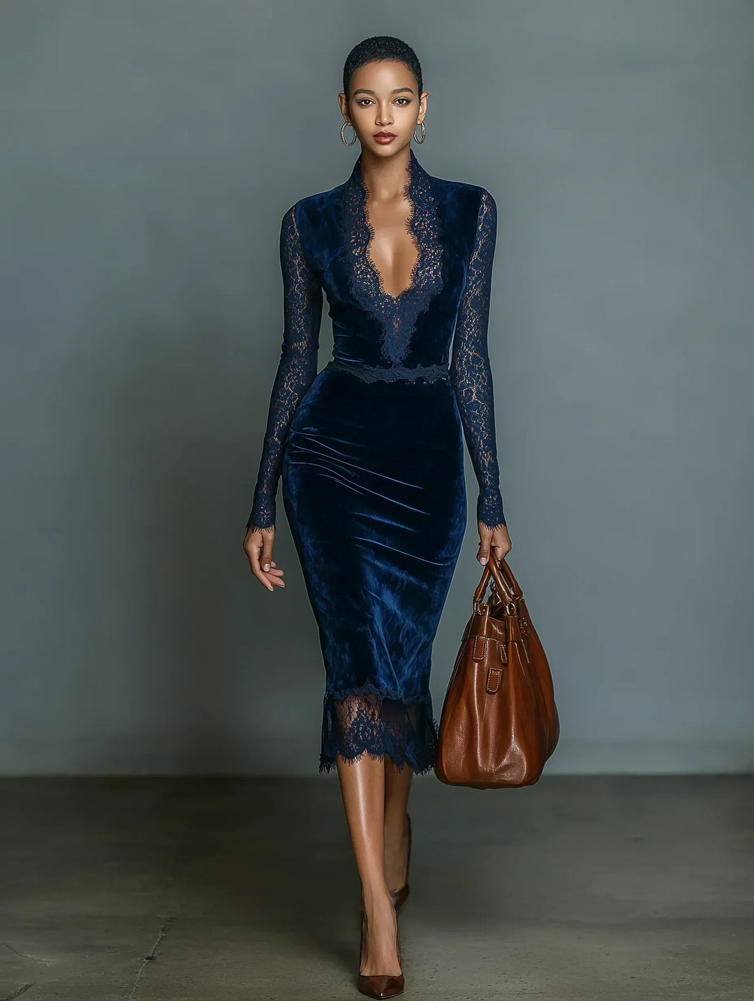 Elegant and Fashionable Dark Blue Velvet Slim-Fit Midi Dress for Women with V-Neck and Lace Sleeves