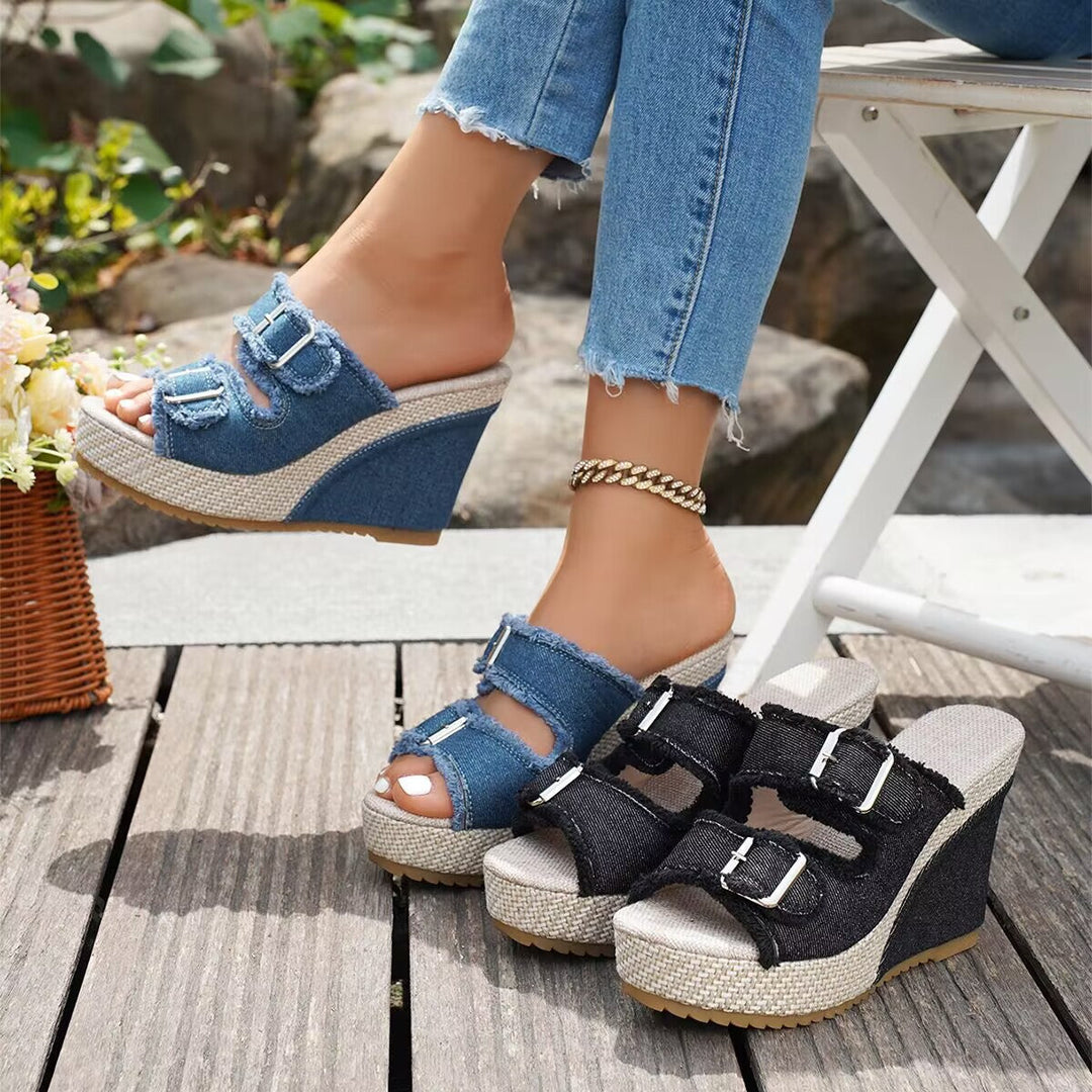 Elara Denim Wedge Sandals