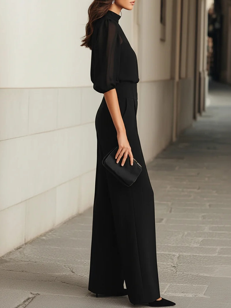 Valentina • Black Three-Piece Set with Sheer Camisole Top and Wide-Leg Trousers • S1