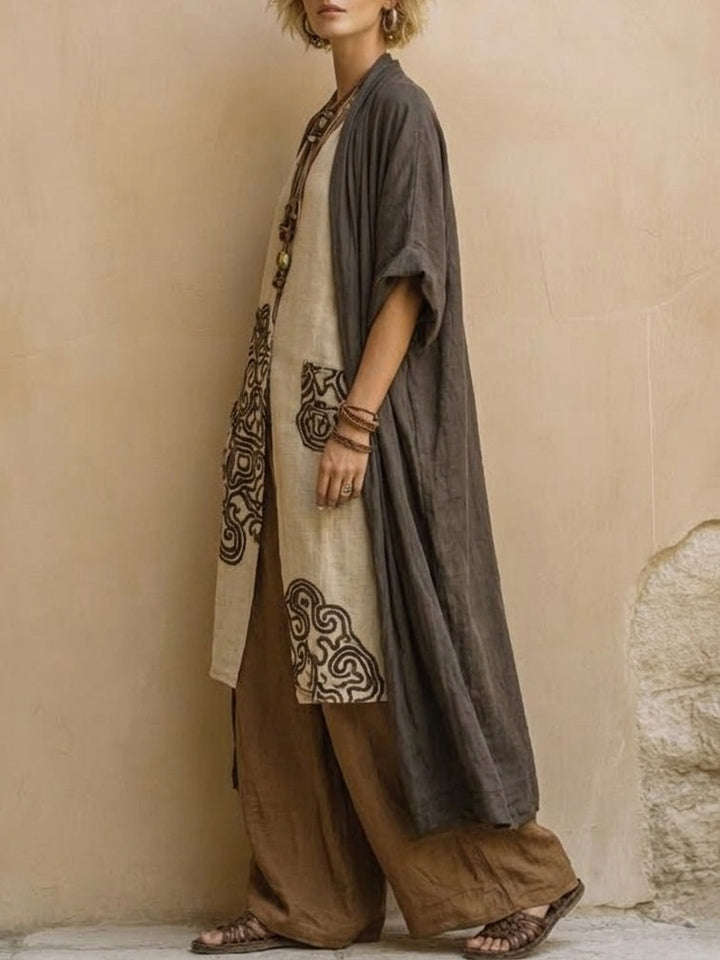 Giulia - Three-Piece Bohemian Nomad Set in Dark Gray and Brown with Tribal Pattern