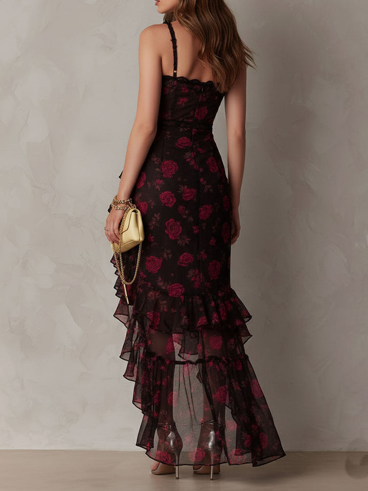 Chic Black And Red Floral Ruched Ruffle Hem Dress