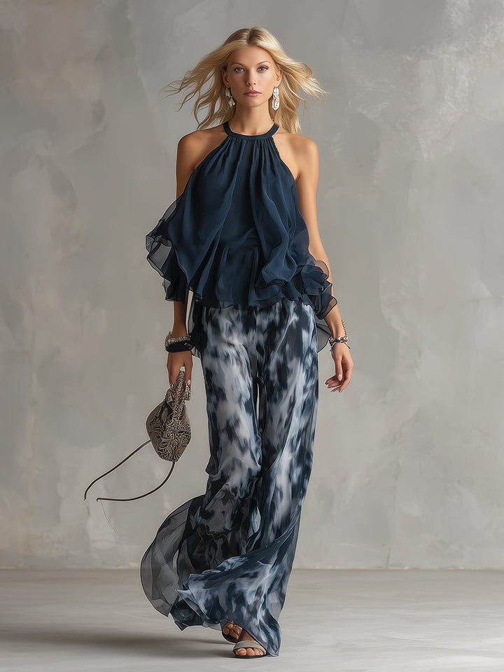 Ludovica – Elegant chiffon set with high-neck top and wide-leg printed trousers • S1