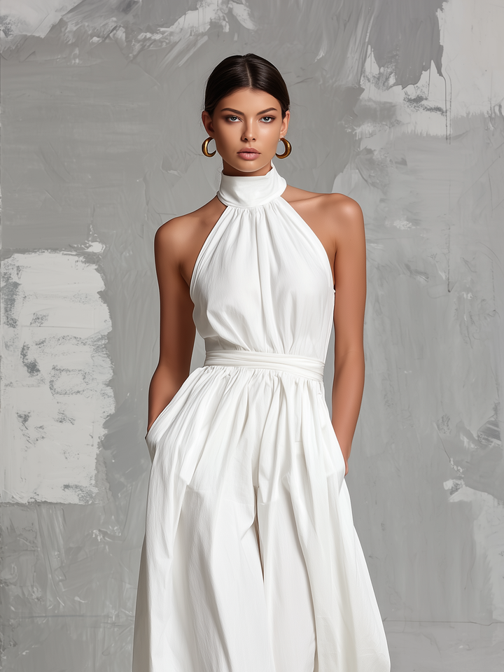 Zoltán | Elegant white woven sleeveless halter-neck jumpsuit • S1
