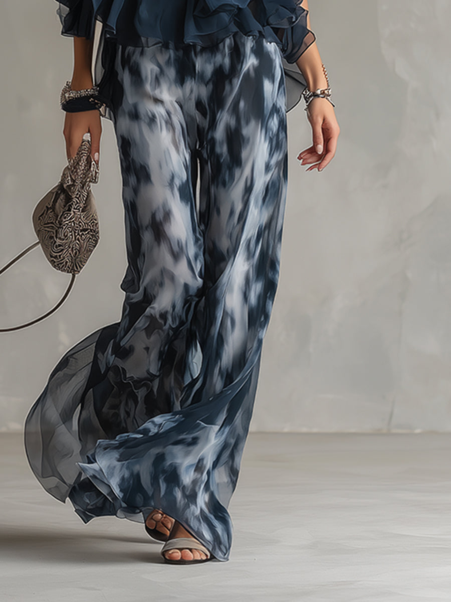 Ludovica – Elegant chiffon set with high-neck top and wide-leg printed trousers • S1