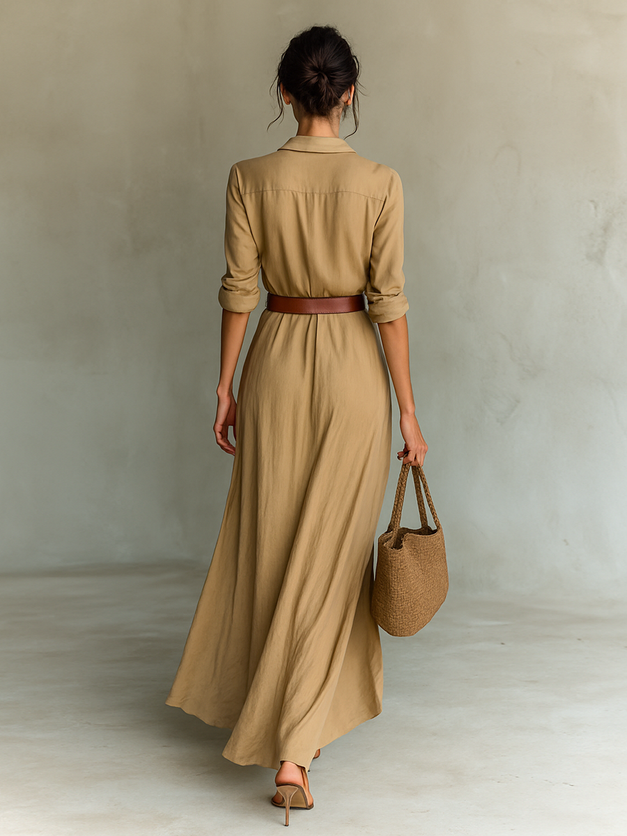 Long Maxi Dress with Notch Collar and Long Sleeves for Women
