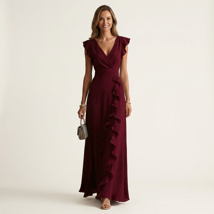 Nellyana | Wrap-Style V-Neck Flutter-Sleeve Cascading Ruffle Maxi Dress