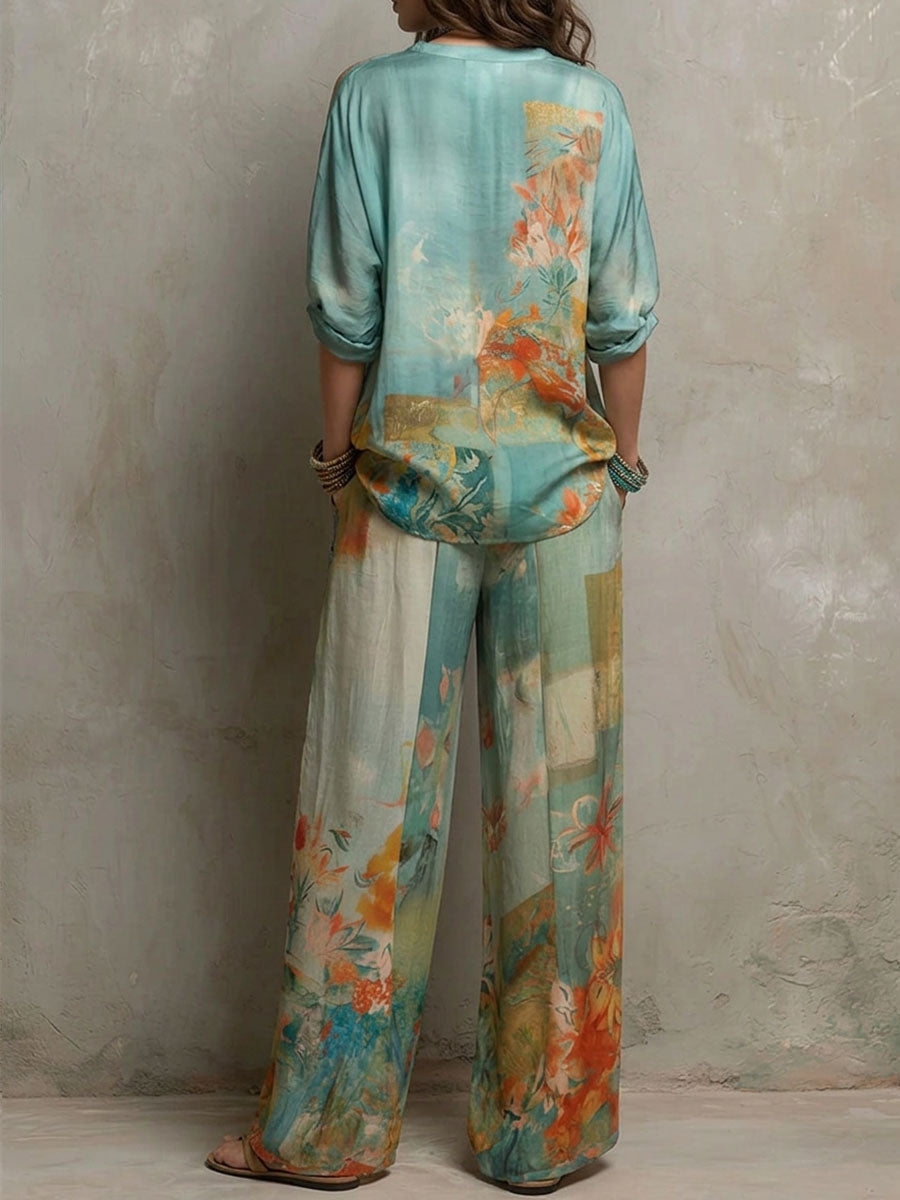 Chiara | Elegant set with floral print and wide-leg pants