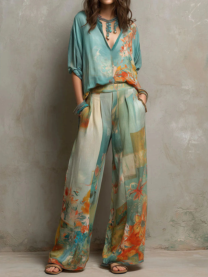 Chiara | Elegant set with floral print and wide-leg pants